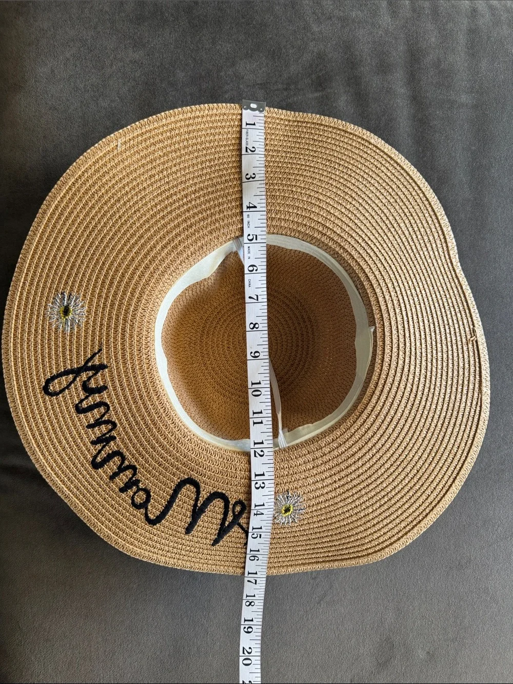 Wide Brim Straw Sun Hat with 'Mommy' Script & Daisy Embroidery One Size NEW